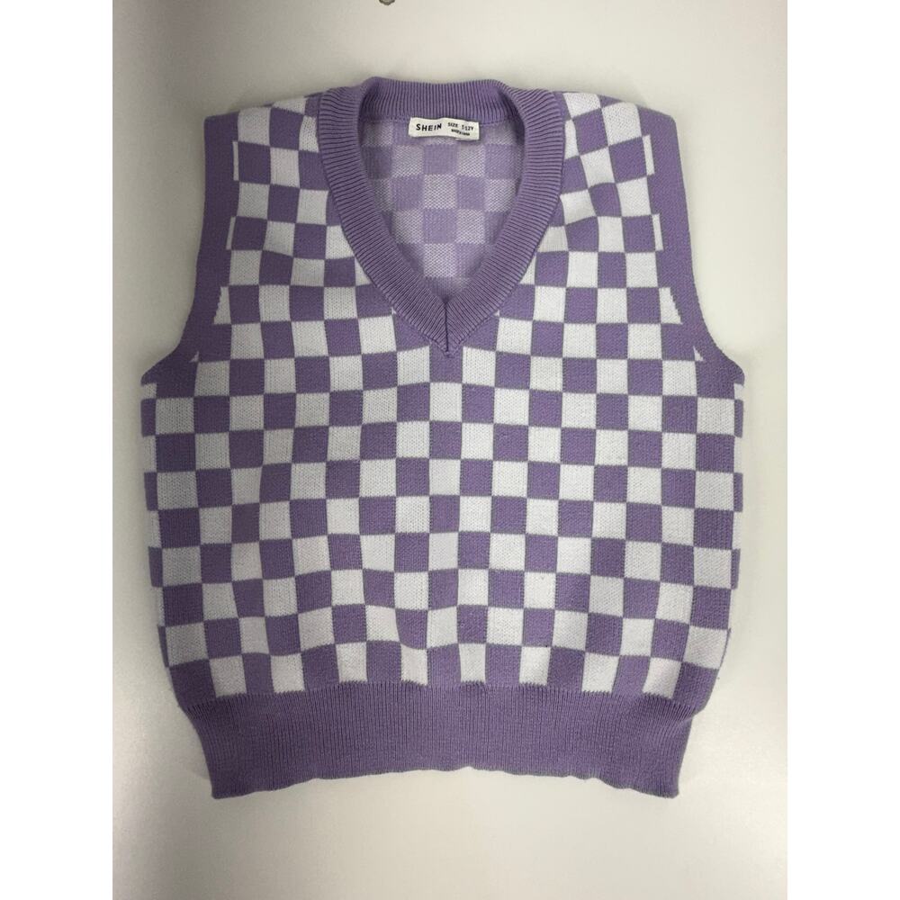 SHEIN Youth Sweater Vest Purple & Cream Checkered Knit Size 11–12